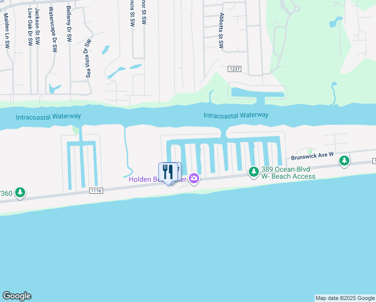 map of restaurants, bars, coffee shops, grocery stores, and more near 128 Charlotte Street in Holden Beach