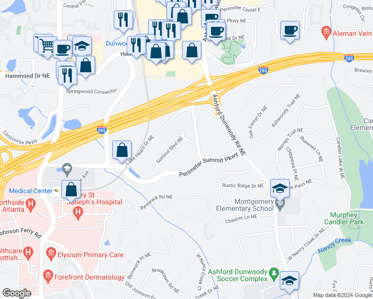 map of restaurants, bars, coffee shops, grocery stores, and more near 10 Perimeter Summit Boulevard in Atlanta