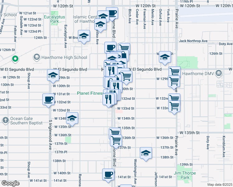map of restaurants, bars, coffee shops, grocery stores, and more near in Hawthorne