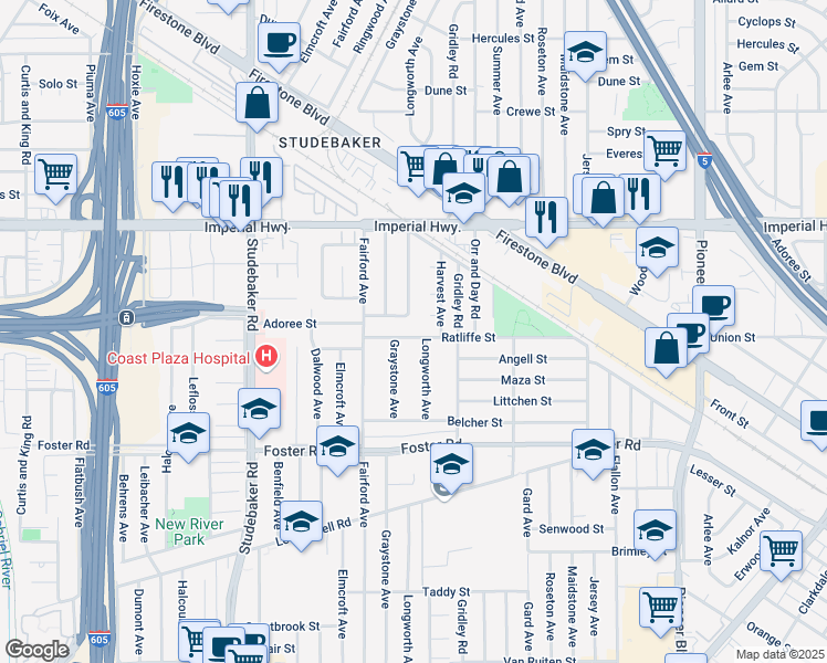 map of restaurants, bars, coffee shops, grocery stores, and more near 11241 Ratliffe Street in Norwalk