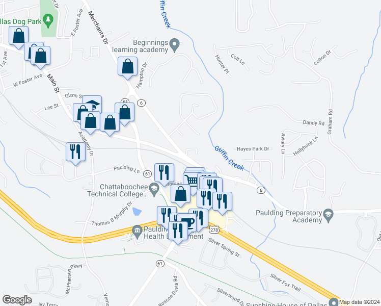 map of restaurants, bars, coffee shops, grocery stores, and more near 110 Twin Pines Court in Dallas
