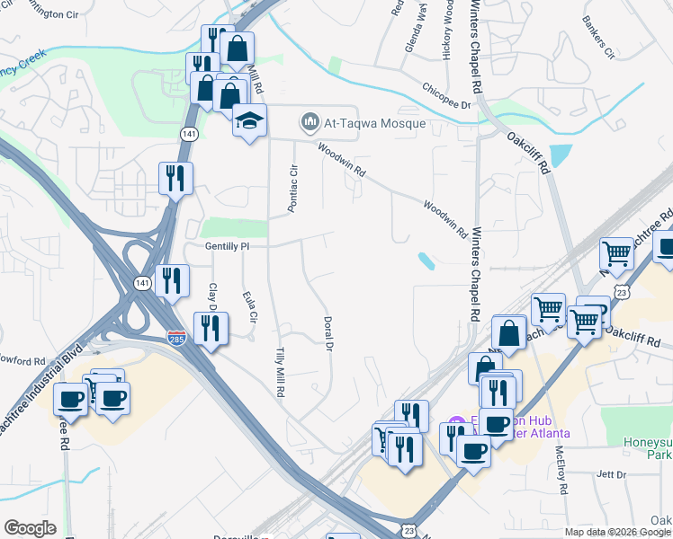 map of restaurants, bars, coffee shops, grocery stores, and more near 2908 Porter Glade Court in Atlanta