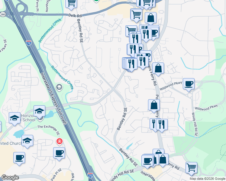 map of restaurants, bars, coffee shops, grocery stores, and more near 1610 Turnberry Lane in Marietta