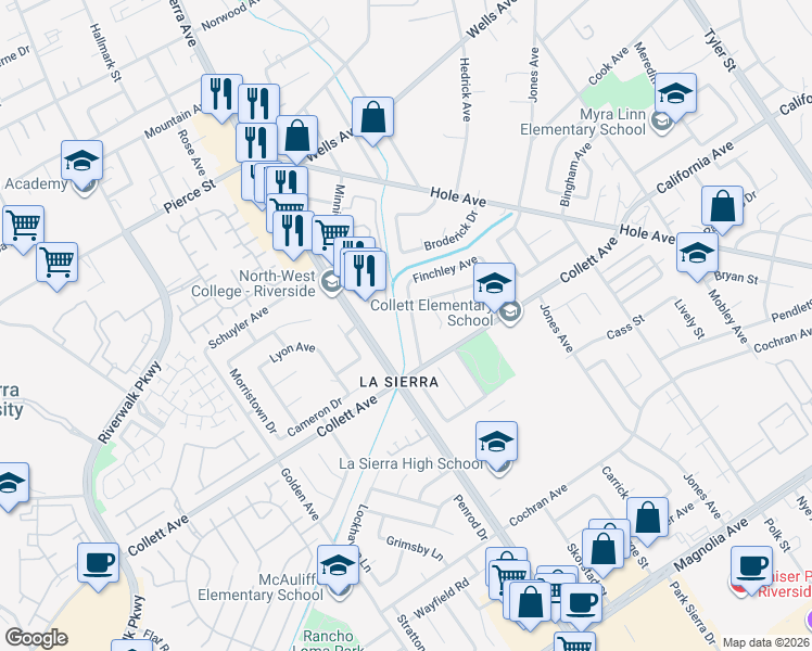 map of restaurants, bars, coffee shops, grocery stores, and more near 4396 Drexel Avenue in Riverside