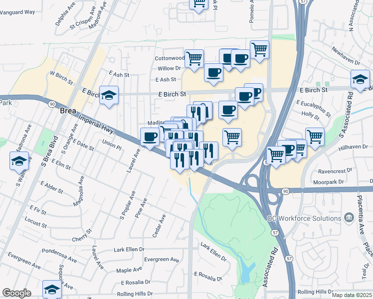 map of restaurants, bars, coffee shops, grocery stores, and more near 1045 Imperial Highway in Brea