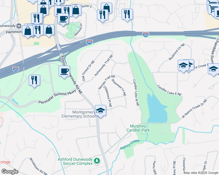 map of restaurants, bars, coffee shops, grocery stores, and more near 4091 Chippewa Place Northeast in Atlanta
