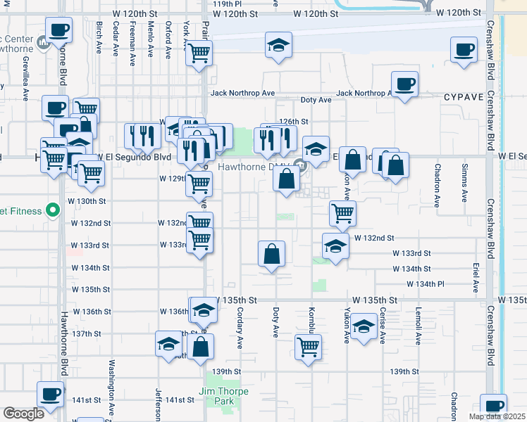 map of restaurants, bars, coffee shops, grocery stores, and more near 13109 Florwood Avenue in Hawthorne