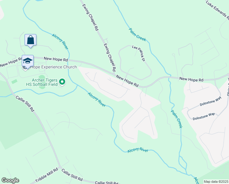 map of restaurants, bars, coffee shops, grocery stores, and more near 2530 River Run Drive in Dacula