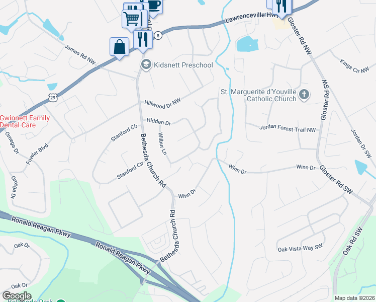 map of restaurants, bars, coffee shops, grocery stores, and more near 2906 Hidden Drive in Lawrenceville