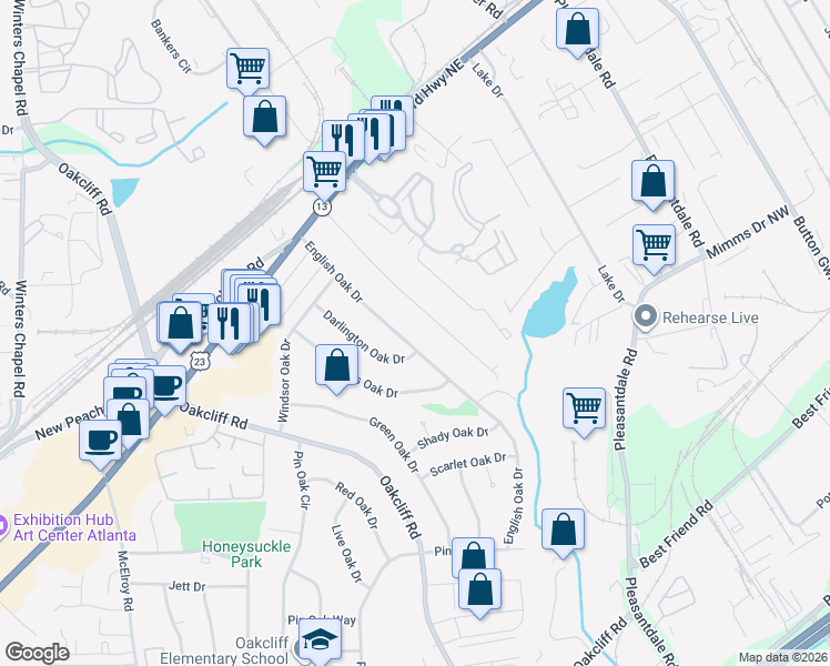 map of restaurants, bars, coffee shops, grocery stores, and more near 4149 English Oak Drive in Doraville