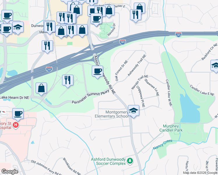 map of restaurants, bars, coffee shops, grocery stores, and more near 10 Perimeter Summit Boulevard in Atlanta