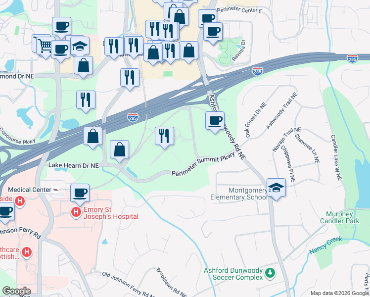 map of restaurants, bars, coffee shops, grocery stores, and more near 10 Perimeter Summit Boulevard in Brookhaven