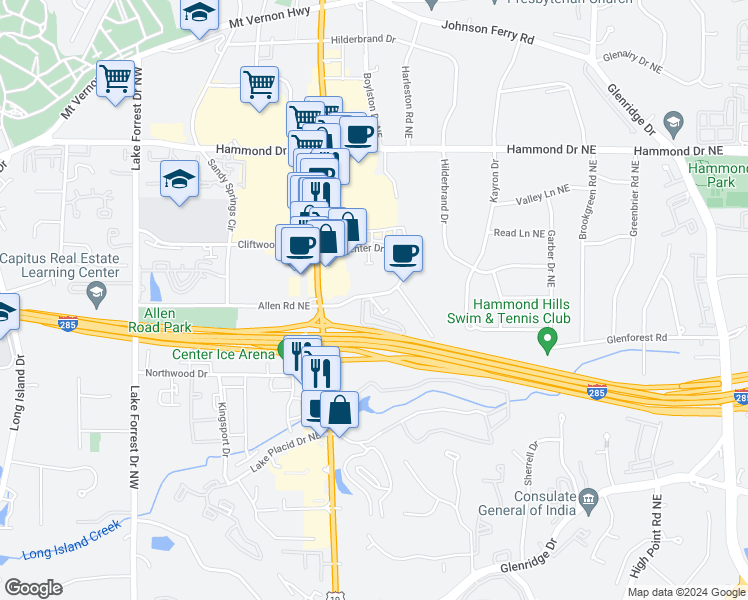 map of restaurants, bars, coffee shops, grocery stores, and more near 346 Carpenter Drive Northeast in Sandy Springs