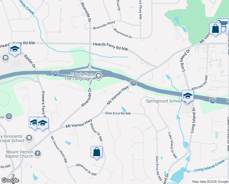 map of restaurants, bars, coffee shops, grocery stores, and more near 485 Mount Vernon Highway in Atlanta