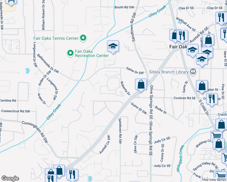 map of restaurants, bars, coffee shops, grocery stores, and more near 1600 Roberta Drive in Marietta