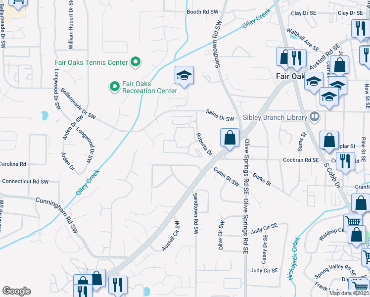 map of restaurants, bars, coffee shops, grocery stores, and more near 1570 Roberta Drive in Marietta