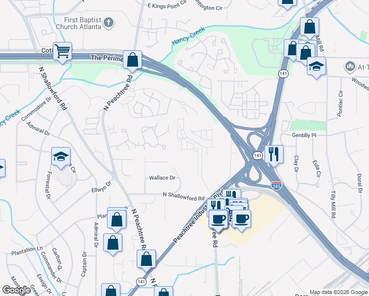 map of restaurants, bars, coffee shops, grocery stores, and more near 4128 Deacon Lane in Chamblee