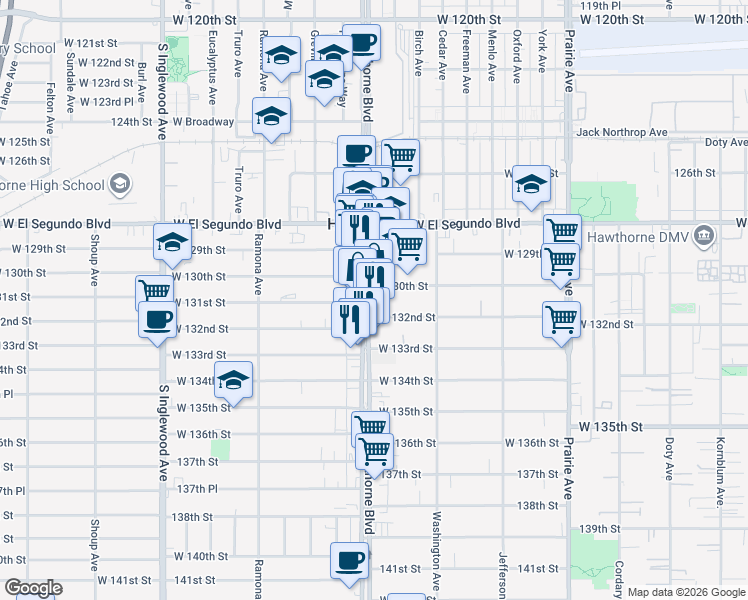 map of restaurants, bars, coffee shops, grocery stores, and more near 13107 Hawthorne Boulevard in Hawthorne