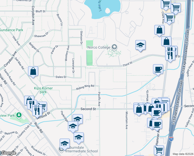 map of restaurants, bars, coffee shops, grocery stores, and more near 2187 Pacific Avenue in Norco