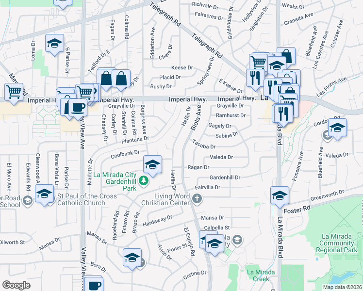 map of restaurants, bars, coffee shops, grocery stores, and more near 12924 Biola Avenue in La Mirada