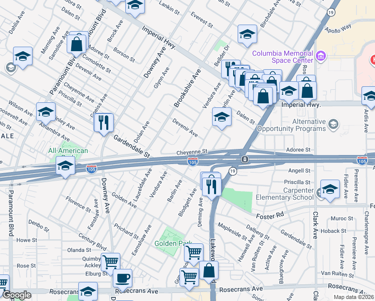 map of restaurants, bars, coffee shops, grocery stores, and more near 12935 Barlin Avenue in Downey