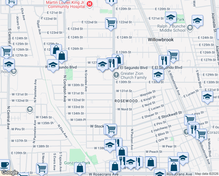 map of restaurants, bars, coffee shops, grocery stores, and more near 757 West 131st Street in Compton