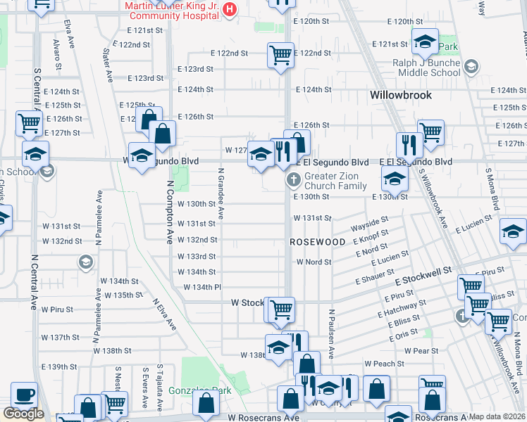 map of restaurants, bars, coffee shops, grocery stores, and more near 833 West 131st Street in Compton