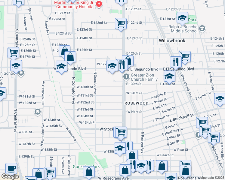 map of restaurants, bars, coffee shops, grocery stores, and more near 833 West 131st Street in Compton