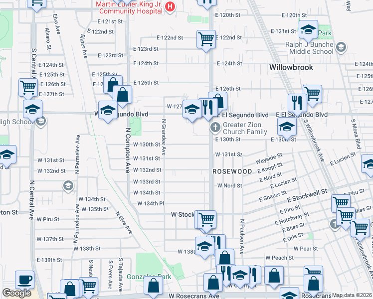 map of restaurants, bars, coffee shops, grocery stores, and more near 833 West 131st Street in Compton