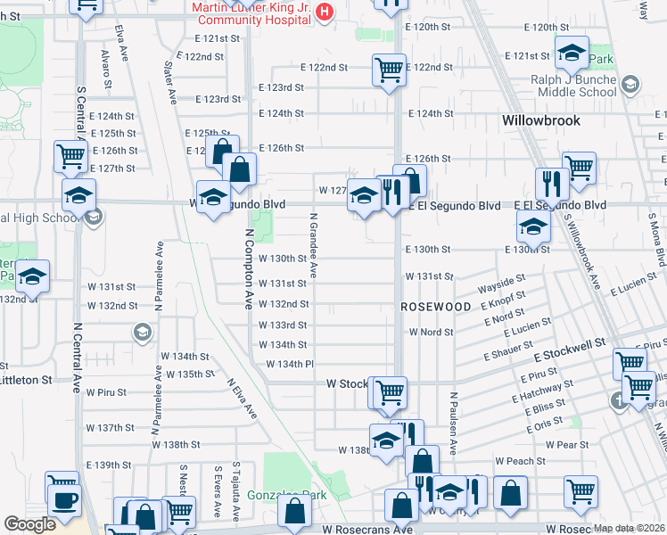 map of restaurants, bars, coffee shops, grocery stores, and more near 921 West 131st Street in Compton