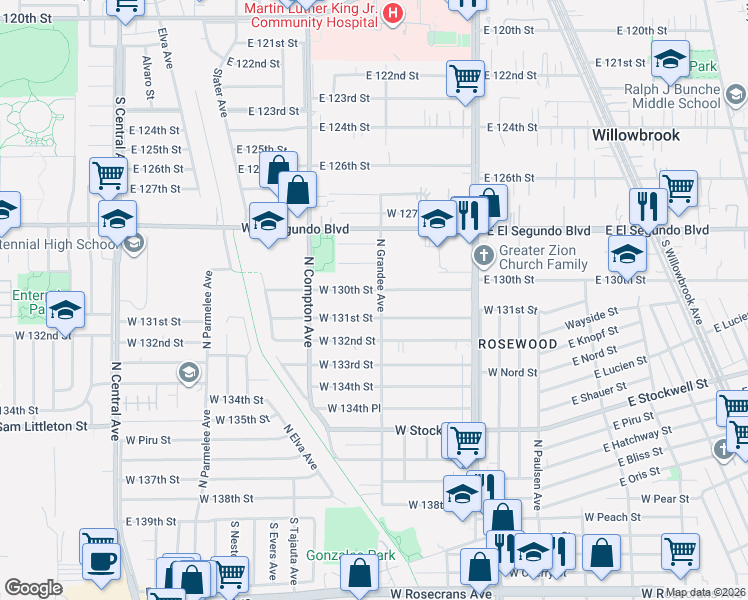 map of restaurants, bars, coffee shops, grocery stores, and more near 1005 West 131st Street in Compton