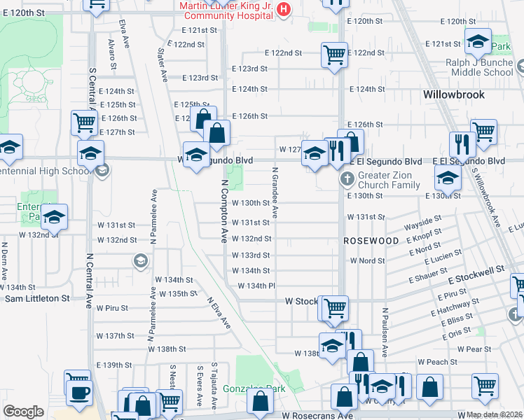 map of restaurants, bars, coffee shops, grocery stores, and more near 1005 West 131st Street in Compton