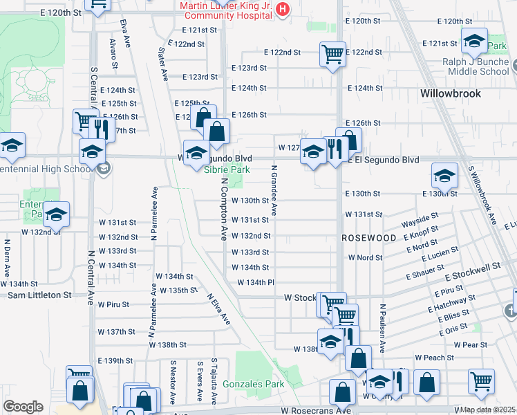 map of restaurants, bars, coffee shops, grocery stores, and more near 1005 West 131st Street in Compton