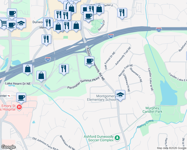 map of restaurants, bars, coffee shops, grocery stores, and more near 4150 Ashford Dunwoody Road in Brookhaven
