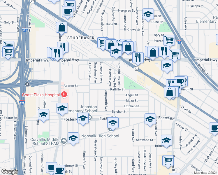 map of restaurants, bars, coffee shops, grocery stores, and more near 11313 Ratliffe Street in Norwalk