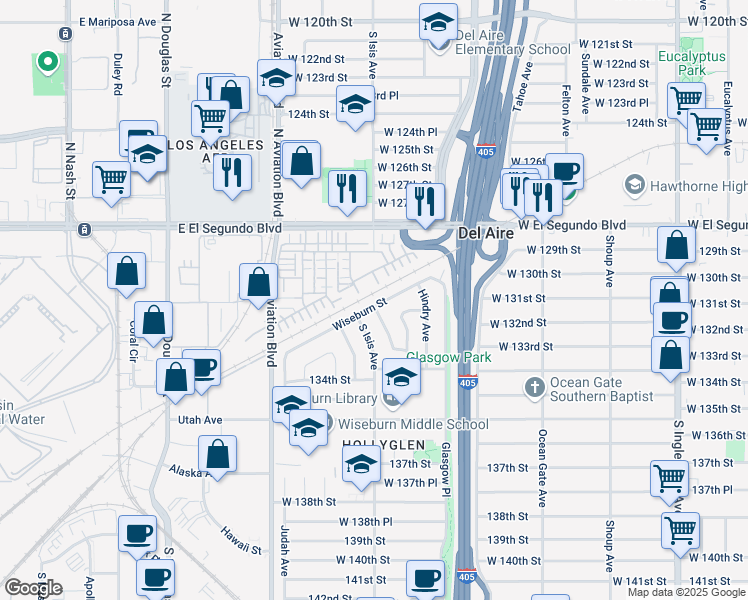 map of restaurants, bars, coffee shops, grocery stores, and more near 5344 Wiseburn Street in Hawthorne