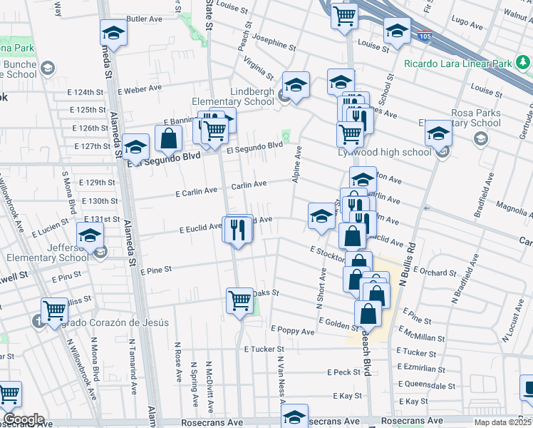 map of restaurants, bars, coffee shops, grocery stores, and more near 3161 Euclid Avenue in Lynwood