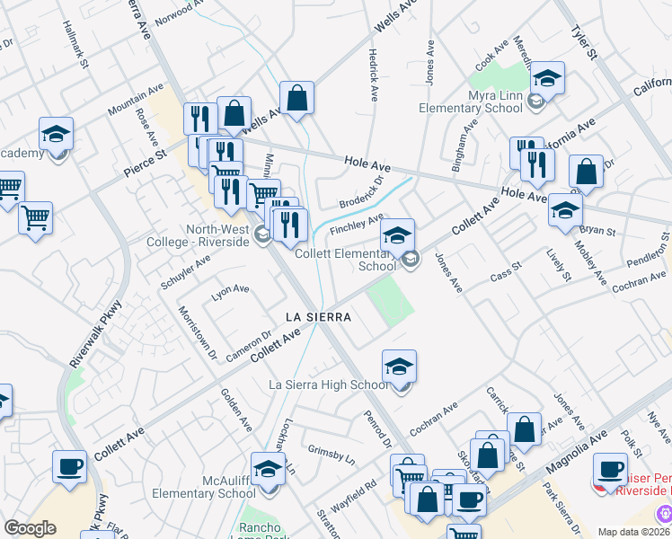 map of restaurants, bars, coffee shops, grocery stores, and more near 4389 Drexel Avenue in Riverside