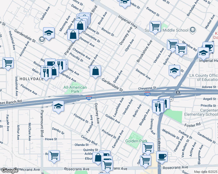 map of restaurants, bars, coffee shops, grocery stores, and more near 8356 Gardendale Street in Paramount