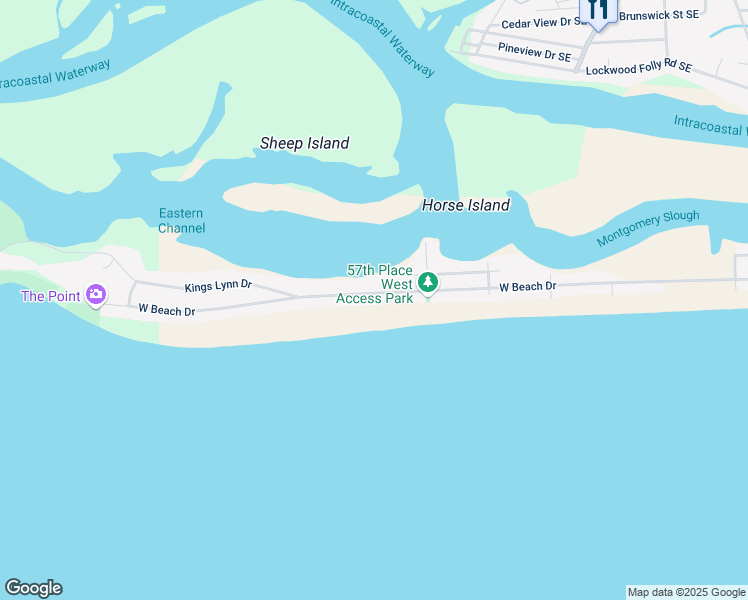 map of restaurants, bars, coffee shops, grocery stores, and more near 5727 West Beach Drive in Oak Island
