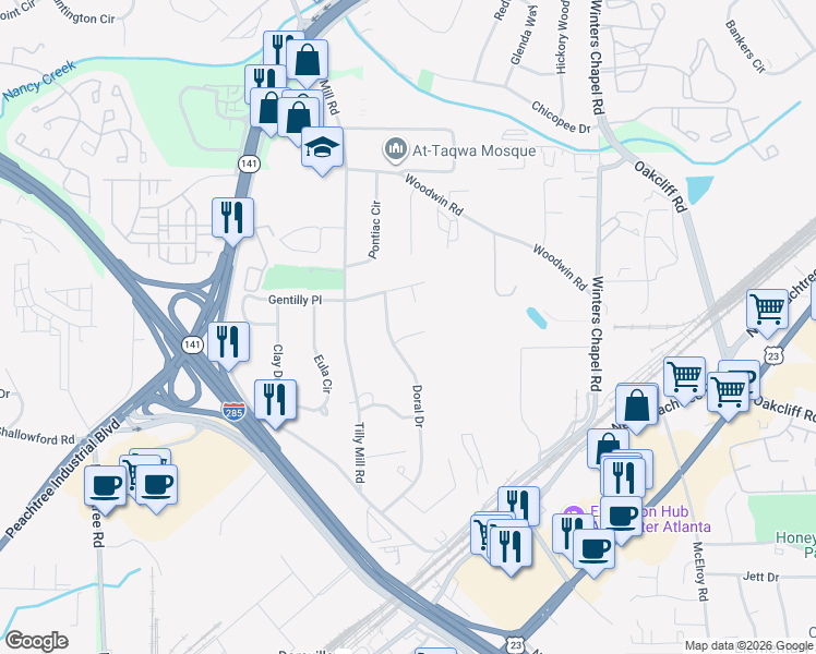 map of restaurants, bars, coffee shops, grocery stores, and more near 2908 Porter Glade Court in Atlanta