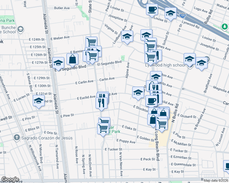map of restaurants, bars, coffee shops, grocery stores, and more near 3161 Euclid Avenue in Lynwood