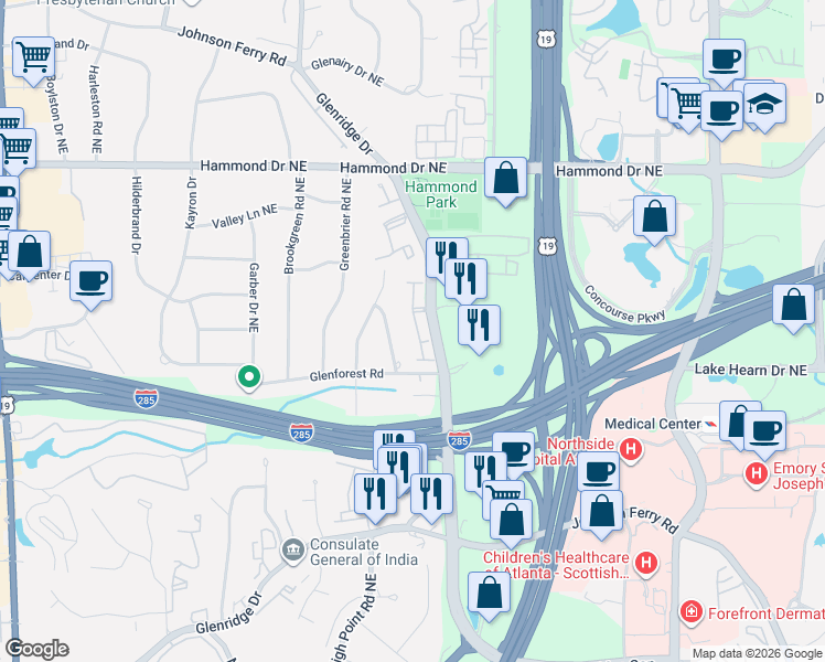 map of restaurants, bars, coffee shops, grocery stores, and more near 117 Barkley Lane in Atlanta