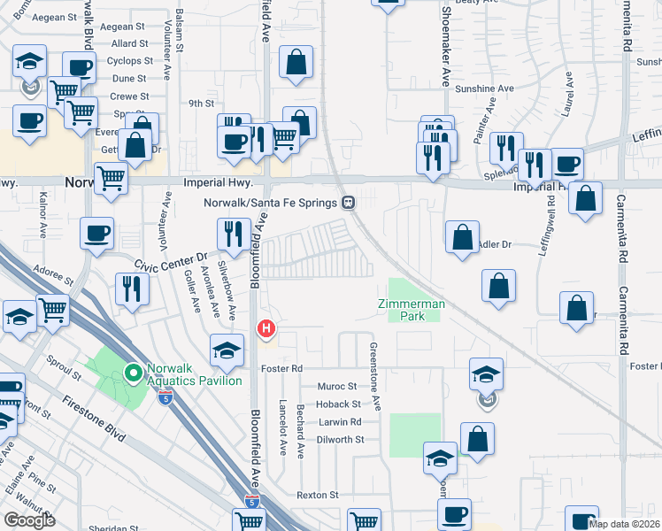 map of restaurants, bars, coffee shops, grocery stores, and more near 12930 Joshua Lane in Norwalk