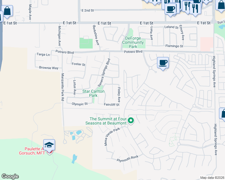 map of restaurants, bars, coffee shops, grocery stores, and more near Drake Avenue in Beaumont