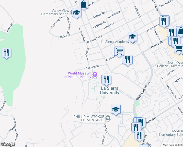 map of restaurants, bars, coffee shops, grocery stores, and more near 4886 Blehm Street in Riverside