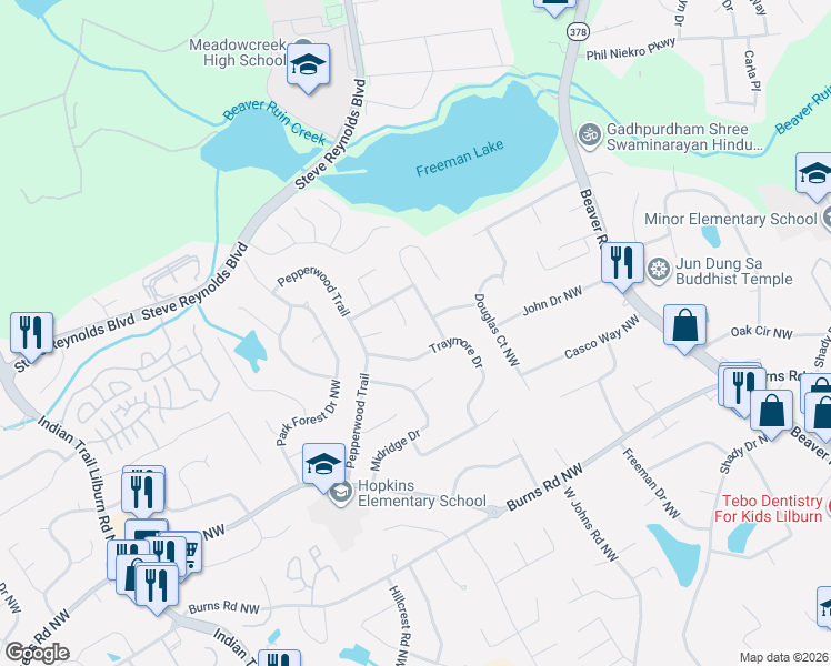 map of restaurants, bars, coffee shops, grocery stores, and more near 1001 Traymore Drive in Norcross