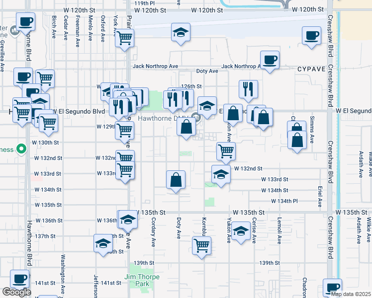 map of restaurants, bars, coffee shops, grocery stores, and more near 13050 Doty Avenue in Hawthorne