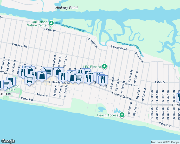 map of restaurants, bars, coffee shops, grocery stores, and more near 205 Northeast 62nd Street in Oak Island