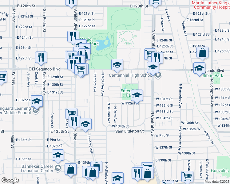 map of restaurants, bars, coffee shops, grocery stores, and more near 13024 Salinas Avenue in Los Angeles